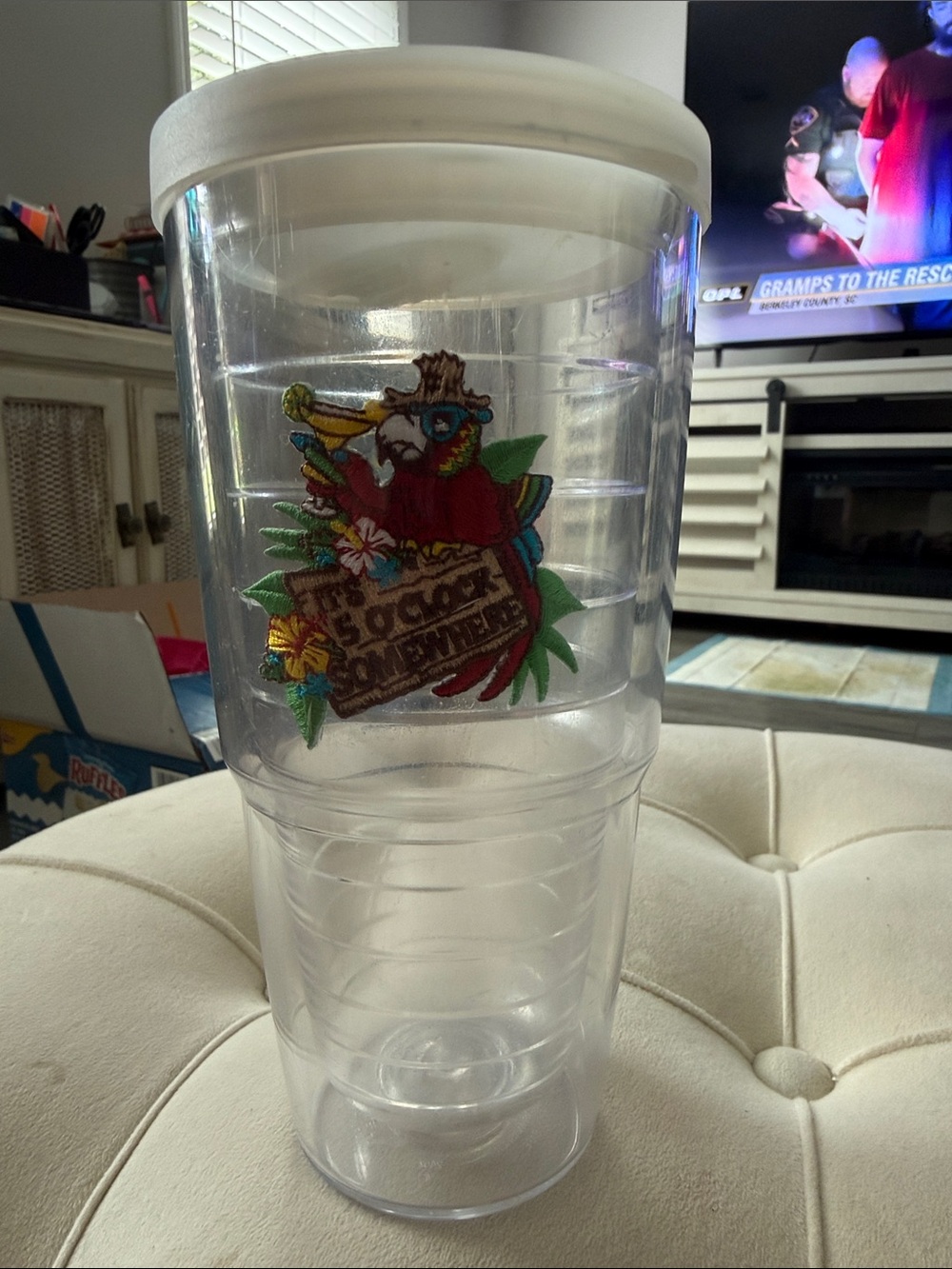 tervis Clear Tumbler with White Lid and Colorful Parrot Decal